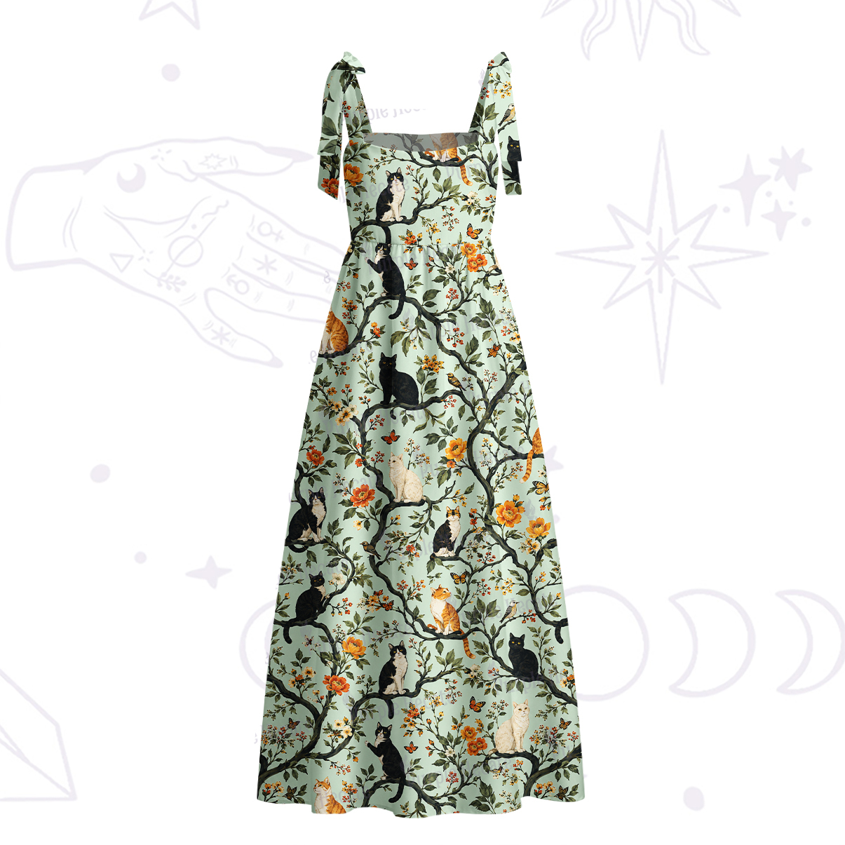 Purplehecate Enchanted Cat Grove Tie Shoulder Maxi Dress