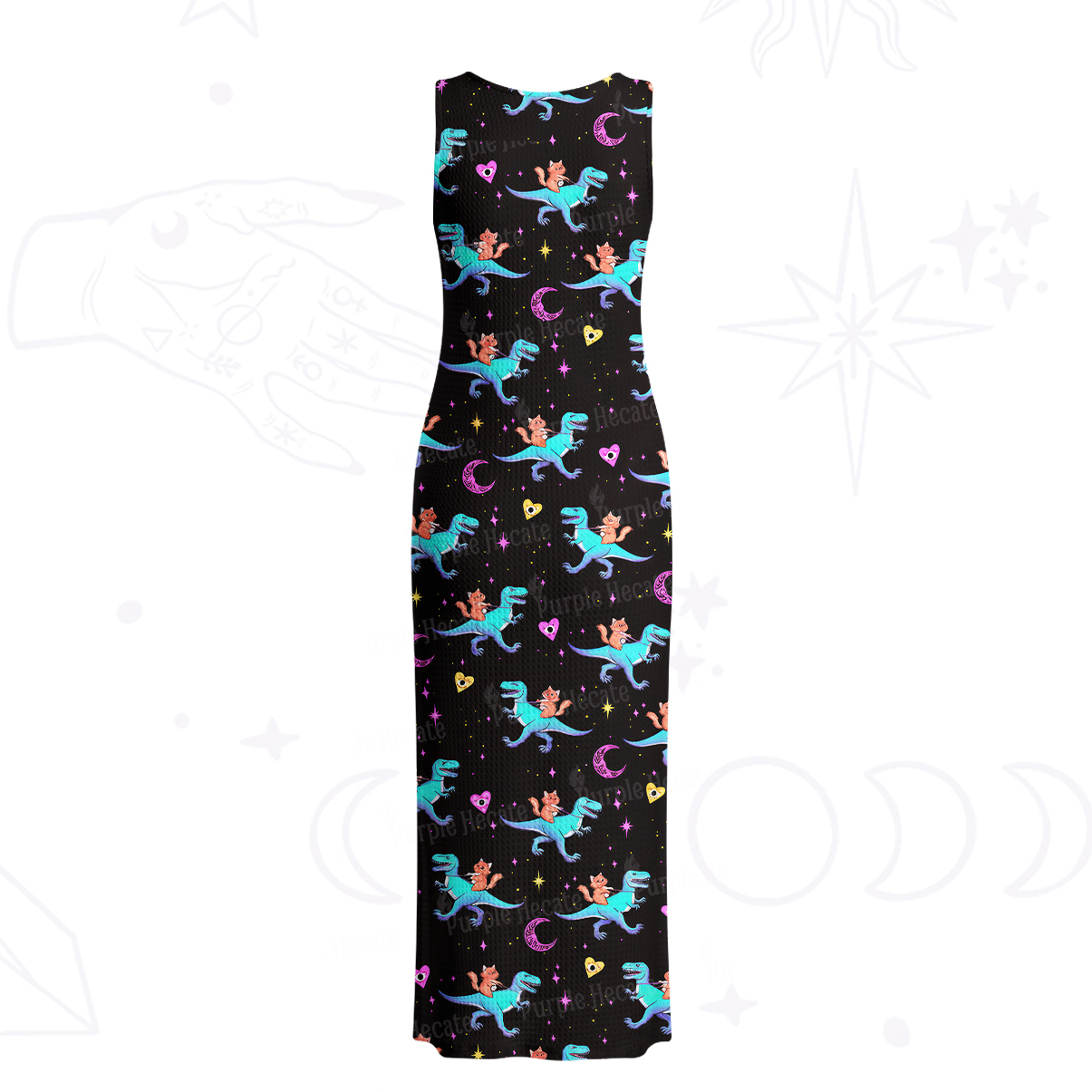 Purplehecate Witch Cat Rides the Dino Crochet Knit Maxi Dress