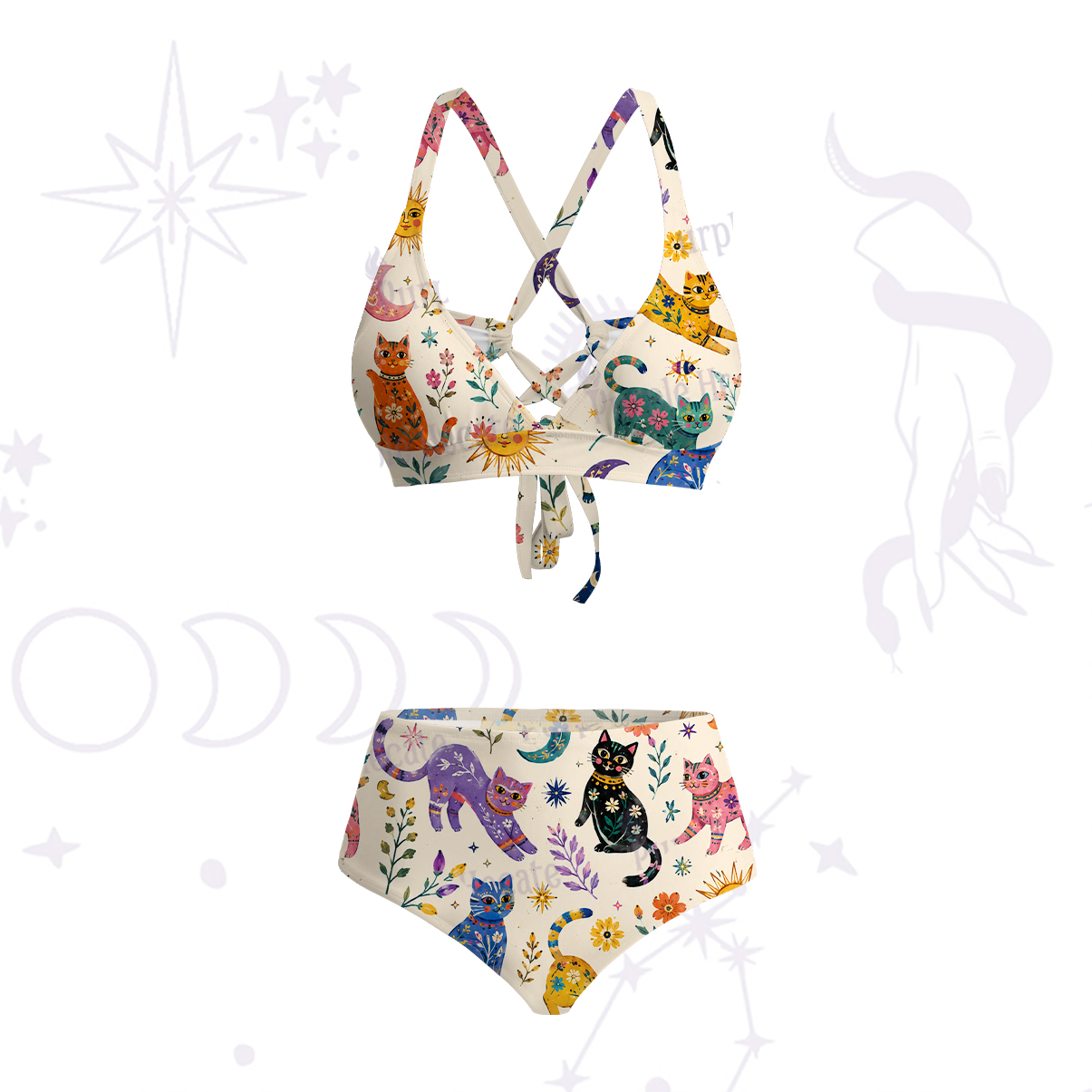 Purplehecate Rainbow Magic Cats Crisscross Tie-Back Bikini Set