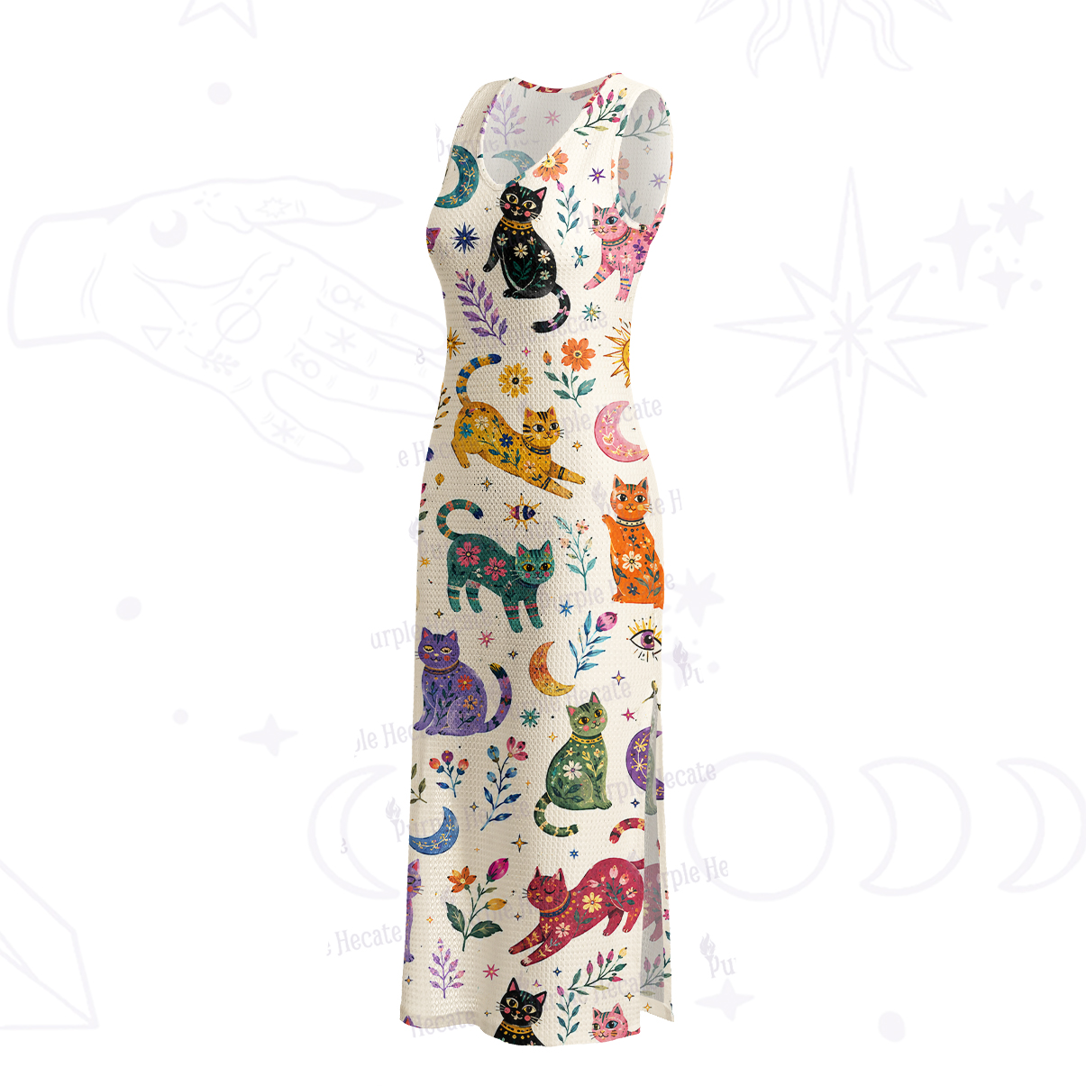 Purplehecate Rainbow Magic Cats Crochet Knit Maxi Dress