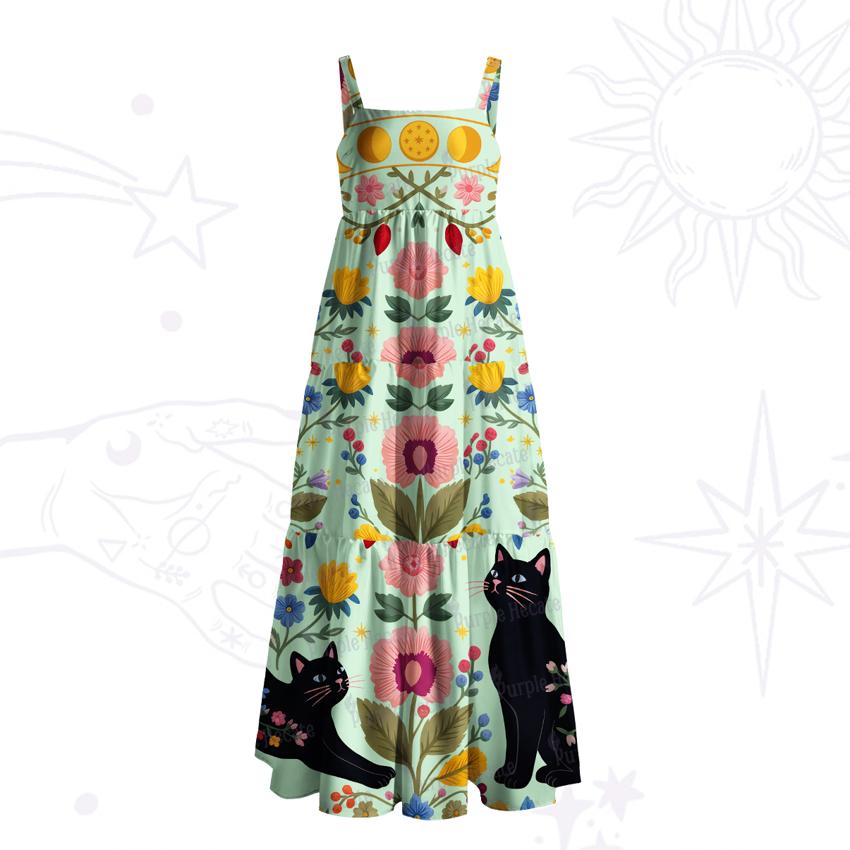 Purplehecate Moonlit Magic Garden Black Cat Wide Straps Maxi Dress