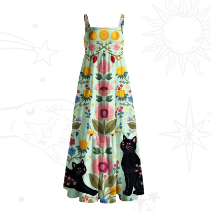 Purplehecate Moonlit Magic Garden Black Cat Wide Straps Maxi Dress