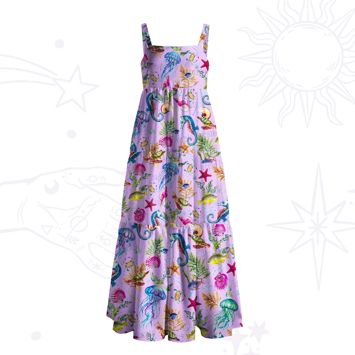 Purplehecate Seahorse & Jellyfish Paradise Wide Straps Maxi Dress