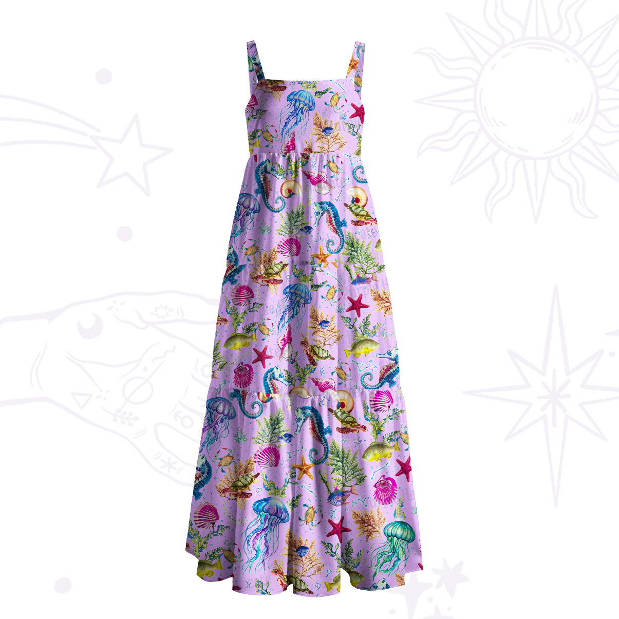 Purplehecate Seahorse & Jellyfish Paradise Wide Straps Maxi Dress