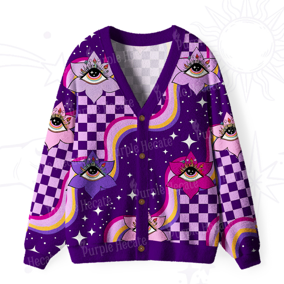 Purplehecate Trippy Eye Bloom Ugly Cardigan Sweaters
