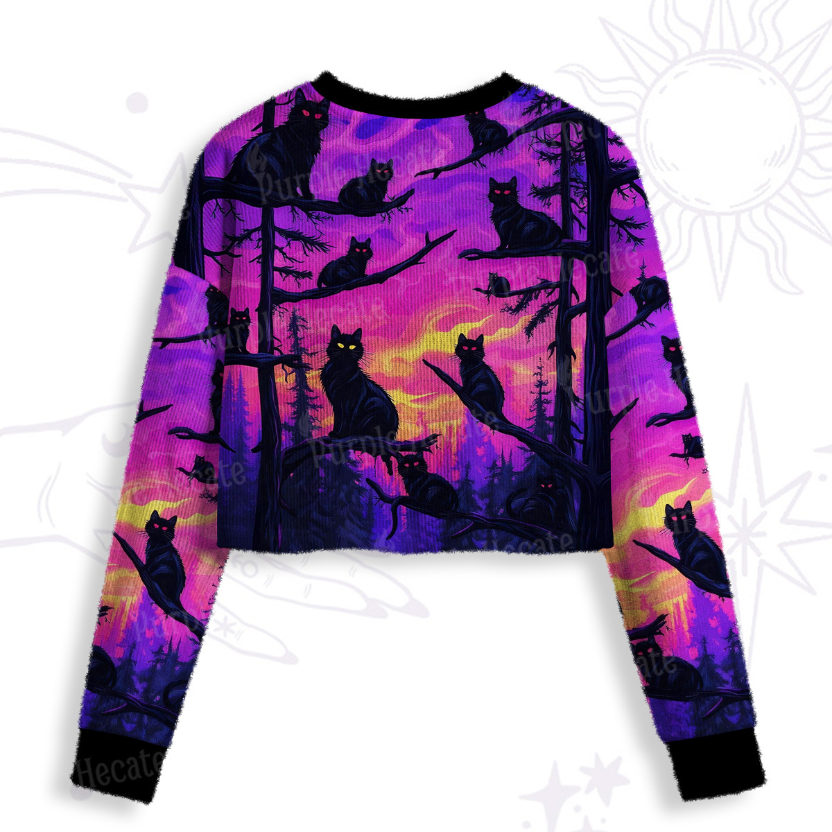Purplehecate Twilight Forest Guardian Cat Crop Fuzzy Ugly Sweatshirt