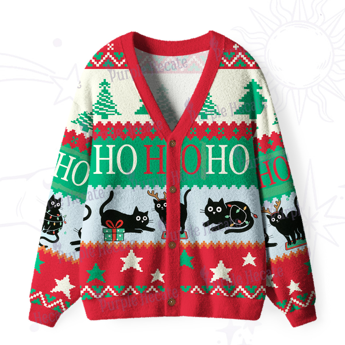 Purplehecate Ho Ho Ho Black Cat Ugly Cardigan Sweaters