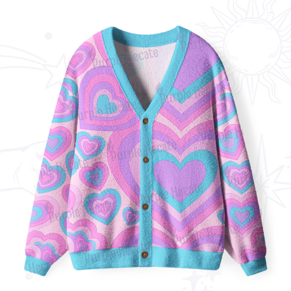 Purplehecate Soft Pastel Love Waves Ugly Cardigan Sweaters