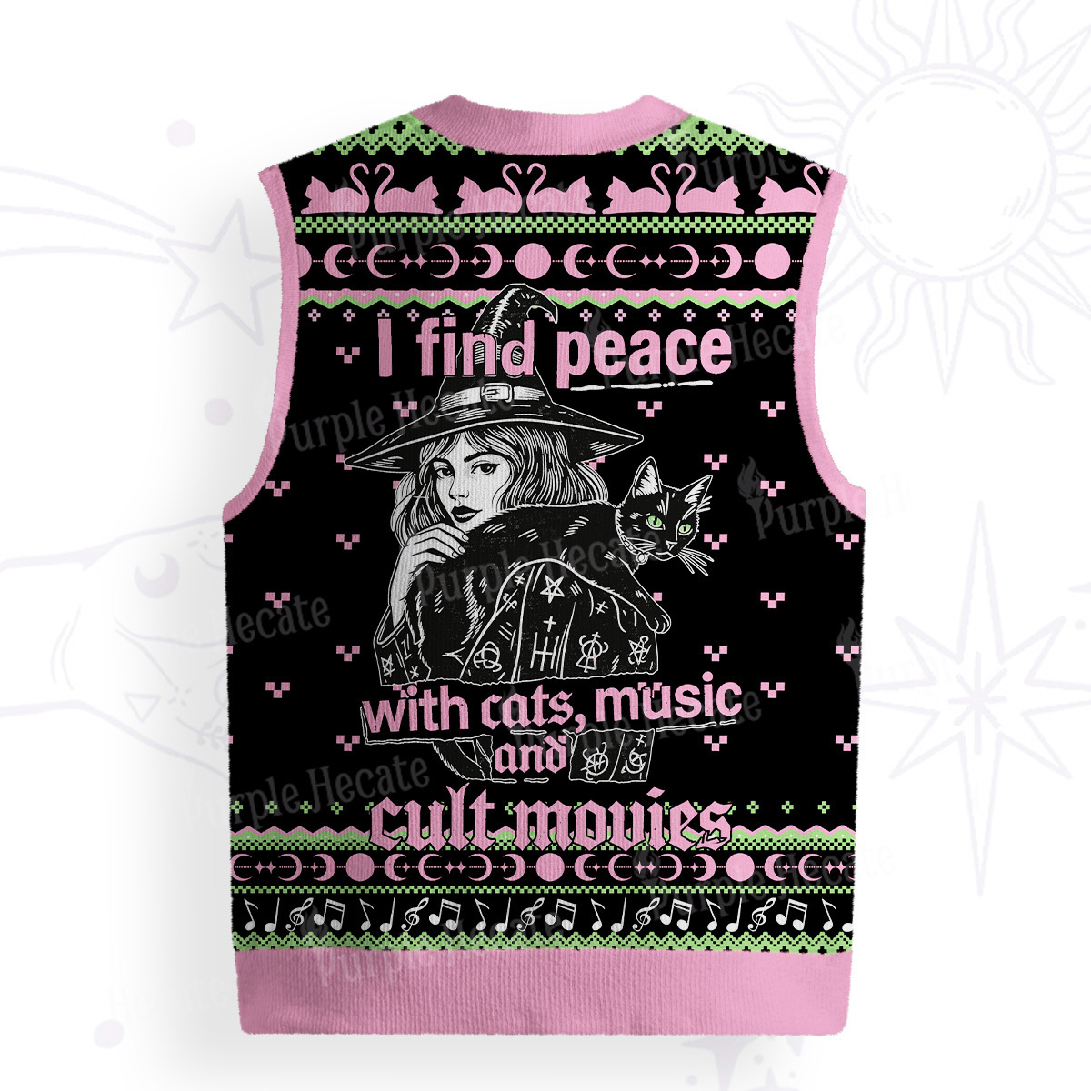 Purplehecate I Find Peace With Cats Music Cult Movies Ugly Sweater Vest