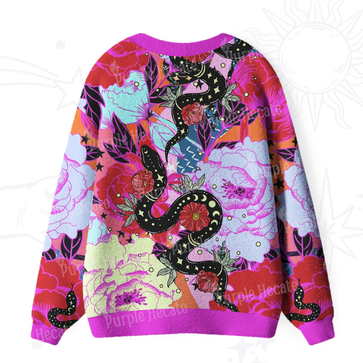 Purplehecate Enchanted Black Serpent & Floral Pattern Ugly Cardigan Sweaters