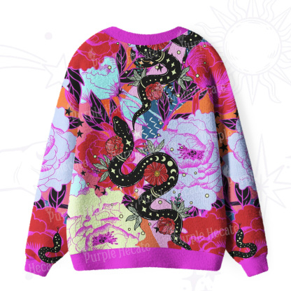 Purplehecate Enchanted Black Serpent & Floral Pattern Ugly Cardigan Sweaters
