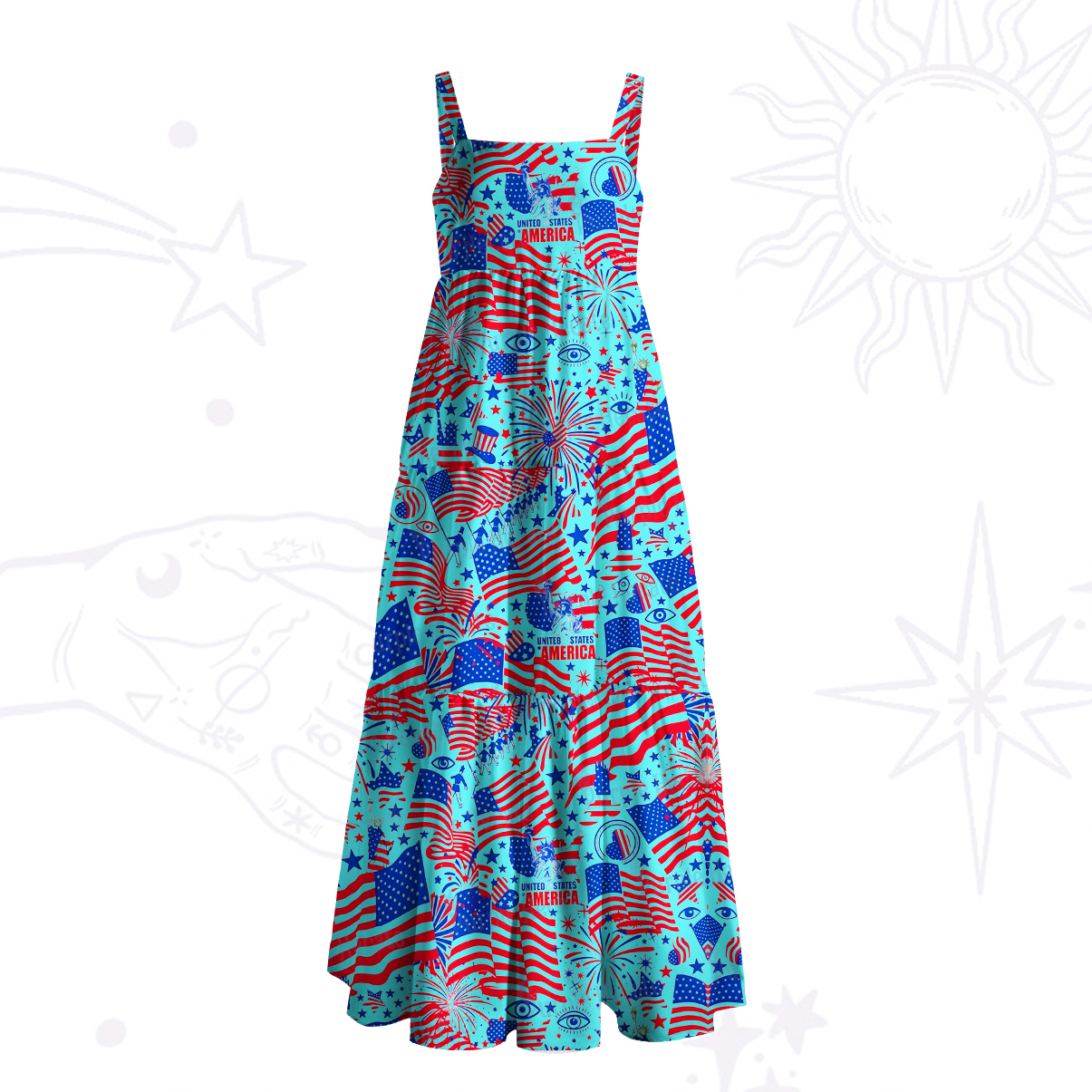 Purplehecate Patriotic Fireworks & Flags Wide Straps Maxi Dress