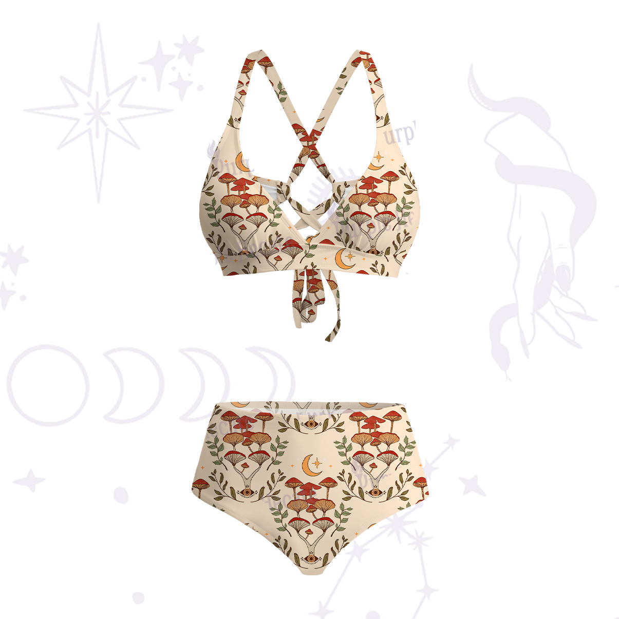Purplehecate Psychedelic Mushrooms Crisscross Tie-Back Bikini Set