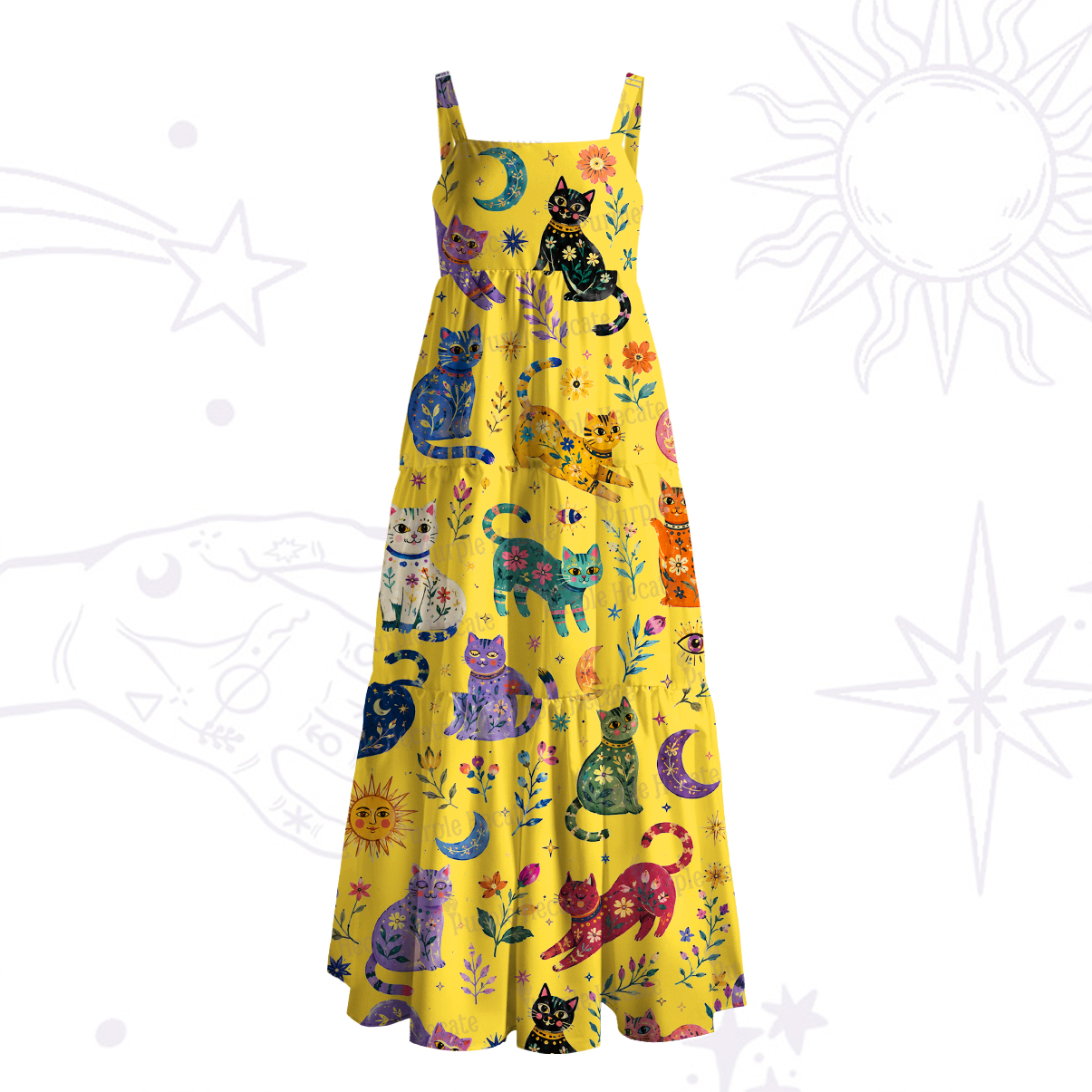 Purplehecate Rainbow Magic Cats Wide Straps Maxi Dress