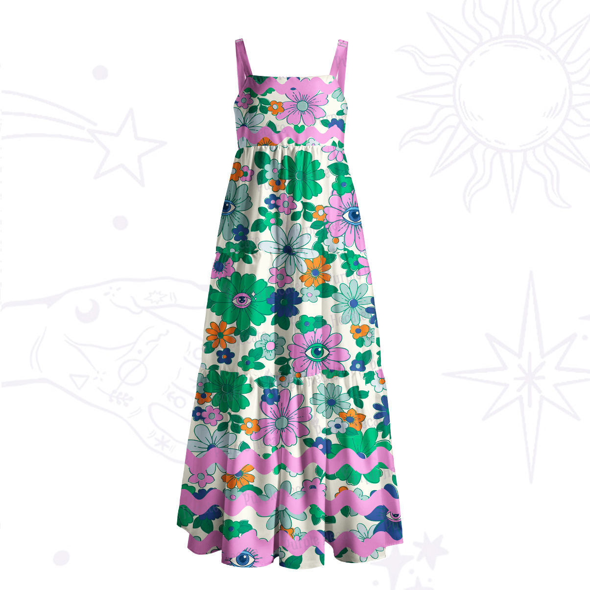 Purplehecate  Psychedelic Floral Wave Wide Straps Maxi Dress