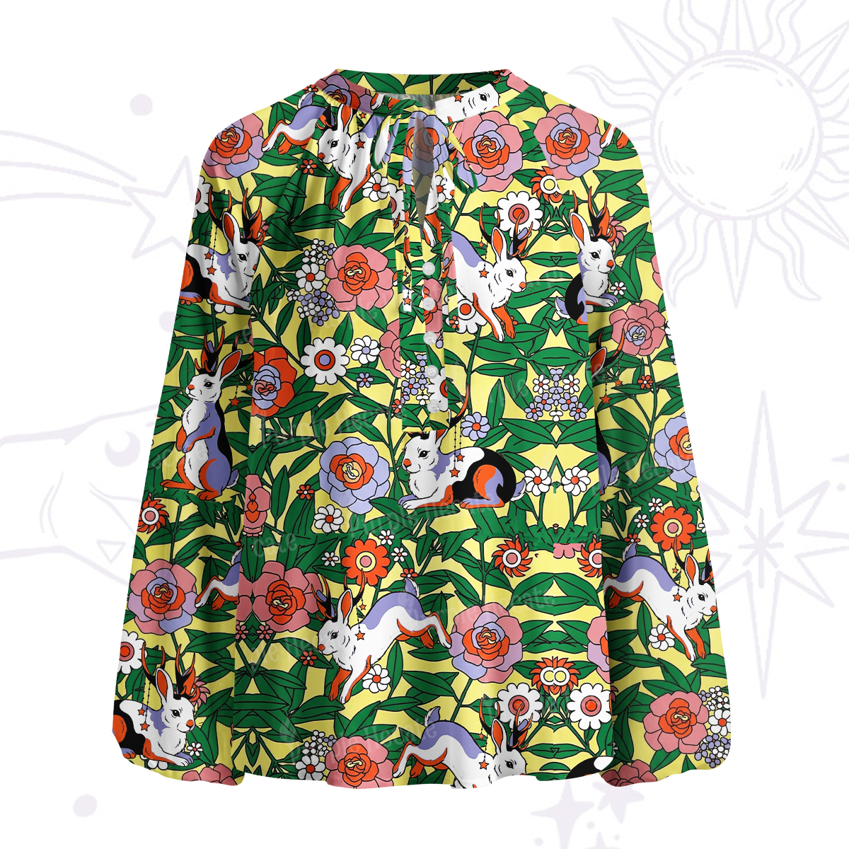 Purplehecate Mystic Blossom Bunny Garden Split Neck Tie Blouse