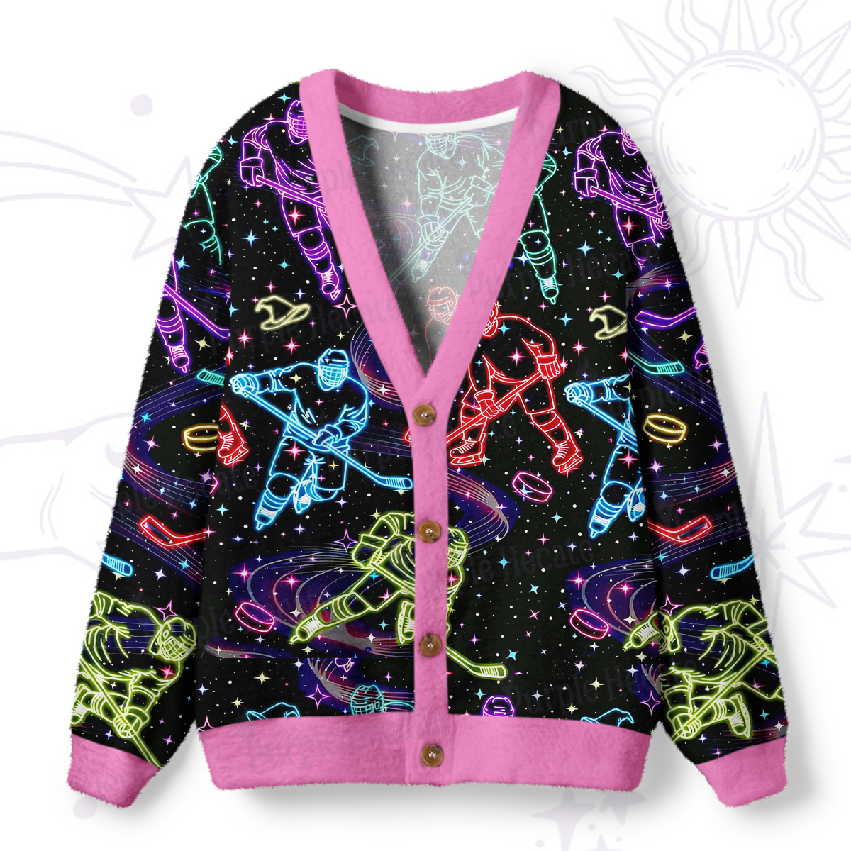 Purplehecate Neon Night Hockey Ugly Cardigan Sweaters