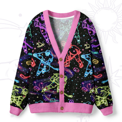 Purplehecate Neon Night Hockey Ugly Cardigan Sweaters