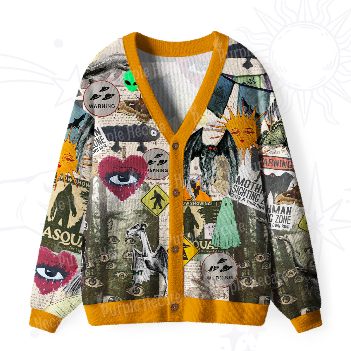 Purplehecate Cryptid Warning Collage Ugly Cardigan Sweaters