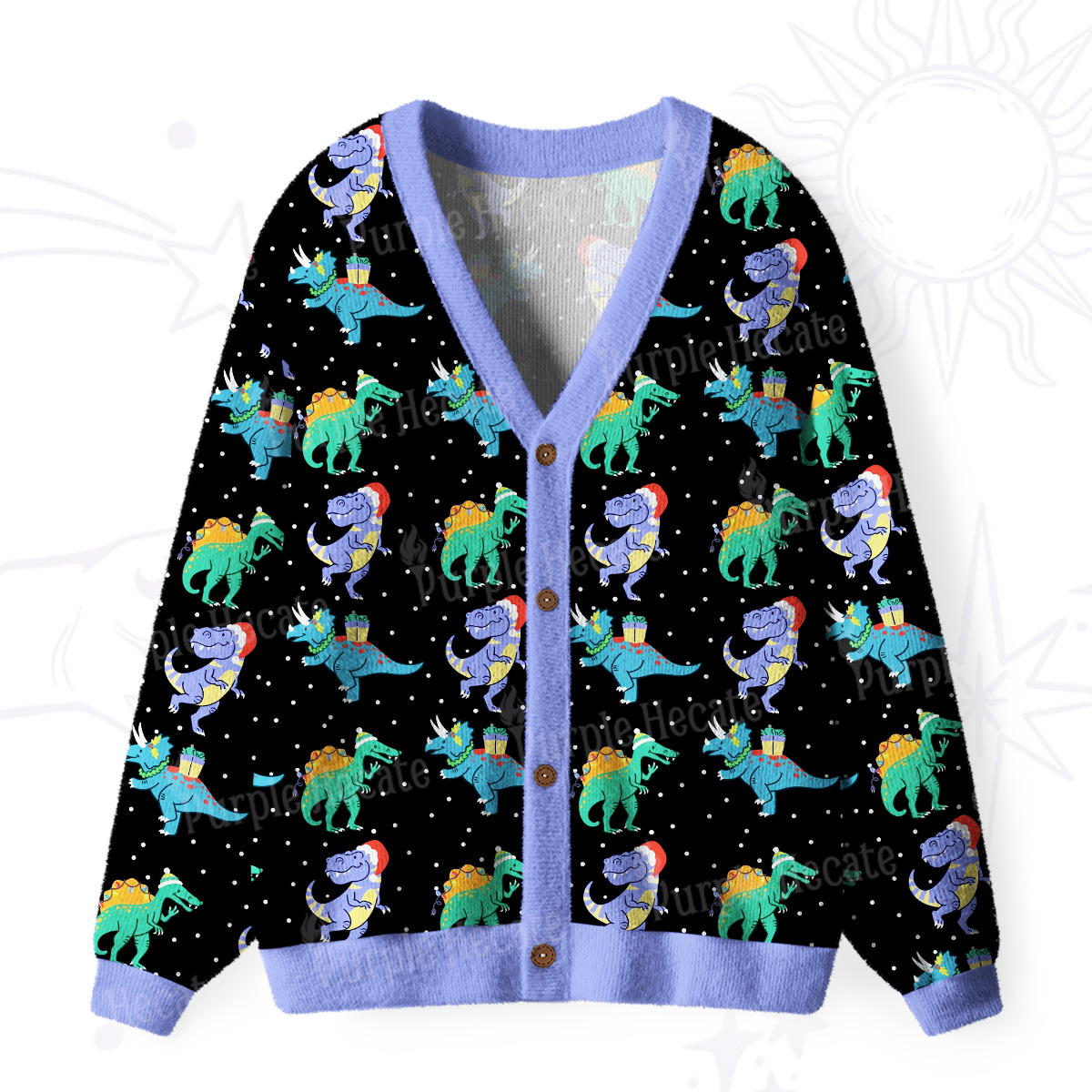 Purplehecate Funny Christmas Dinosaurs Ugly Cardigan Sweaters