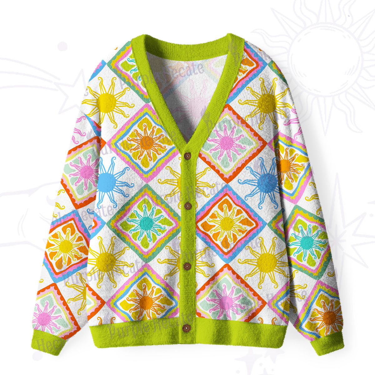 Purplehecate Colorful Sunshine Patchwork Ugly Cardigan Sweaters