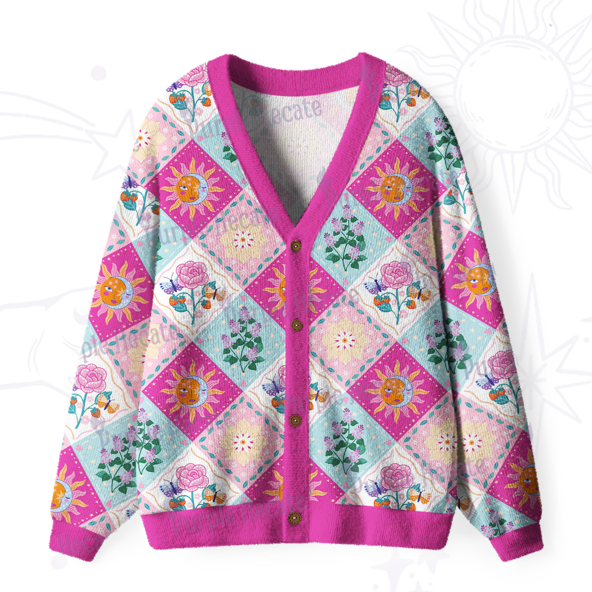 Purplehecate Celestial Sun & Moon Patchwork Ugly Cardigan Sweaters