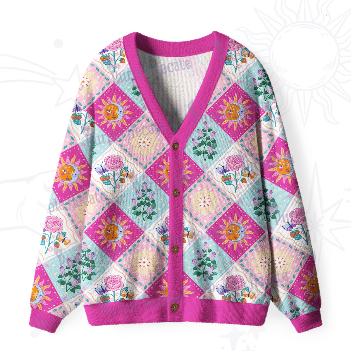 Purplehecate Celestial Sun & Moon Patchwork Ugly Cardigan Sweaters