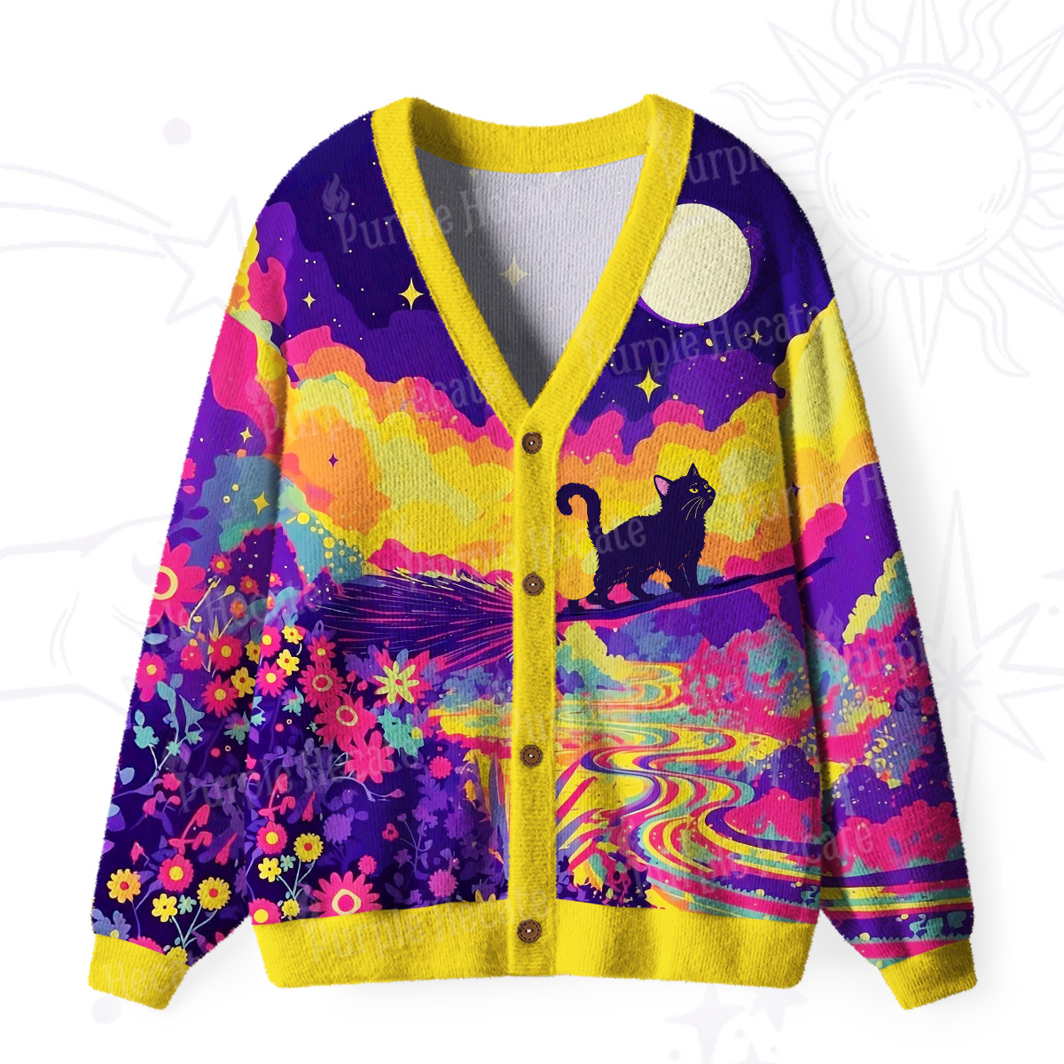 Purplehecate Midnight Cosmic Cat Fantasy Ugly Cardigan Sweaters