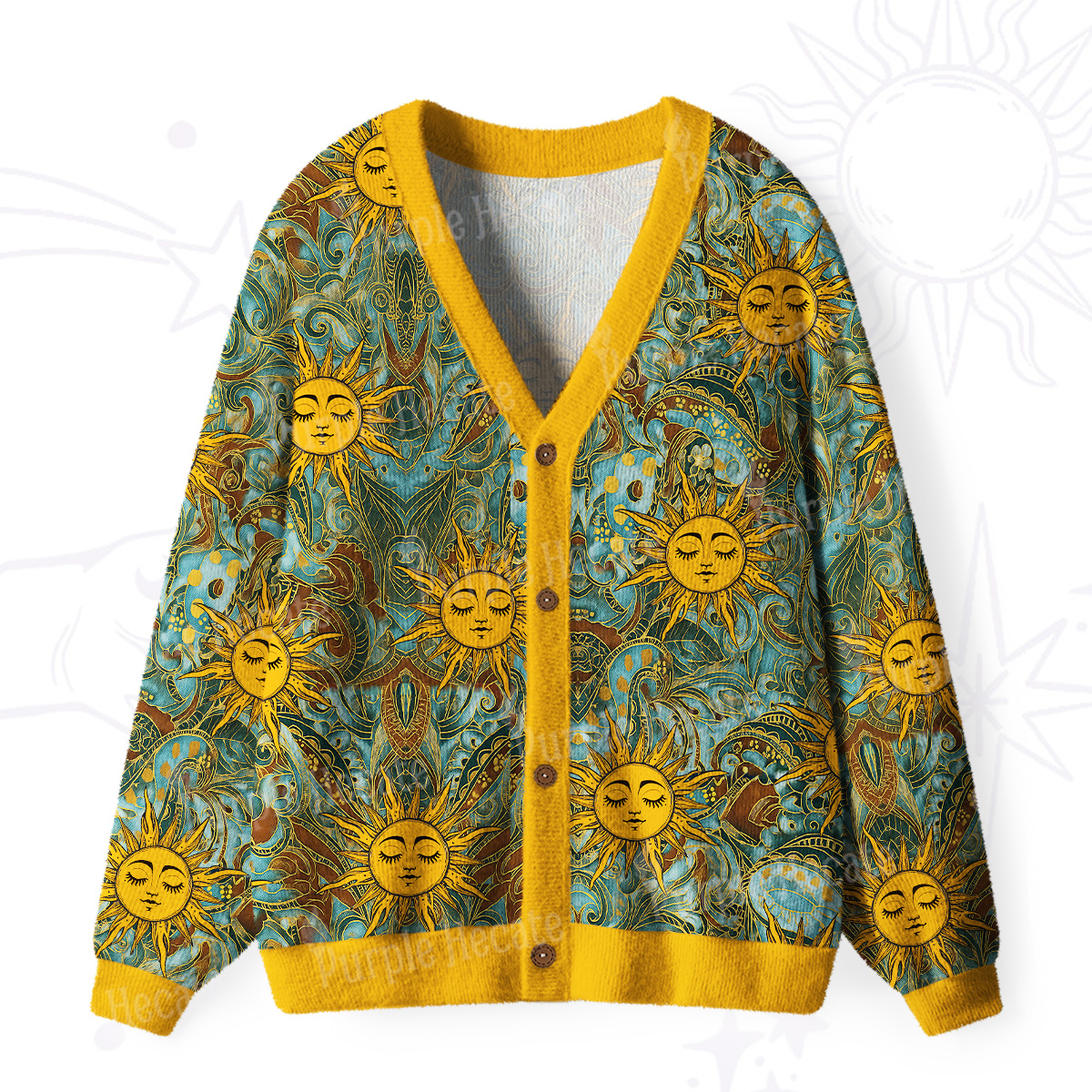 Purplehecate Golden Sun Wheel Ugly Cardigan Sweaters