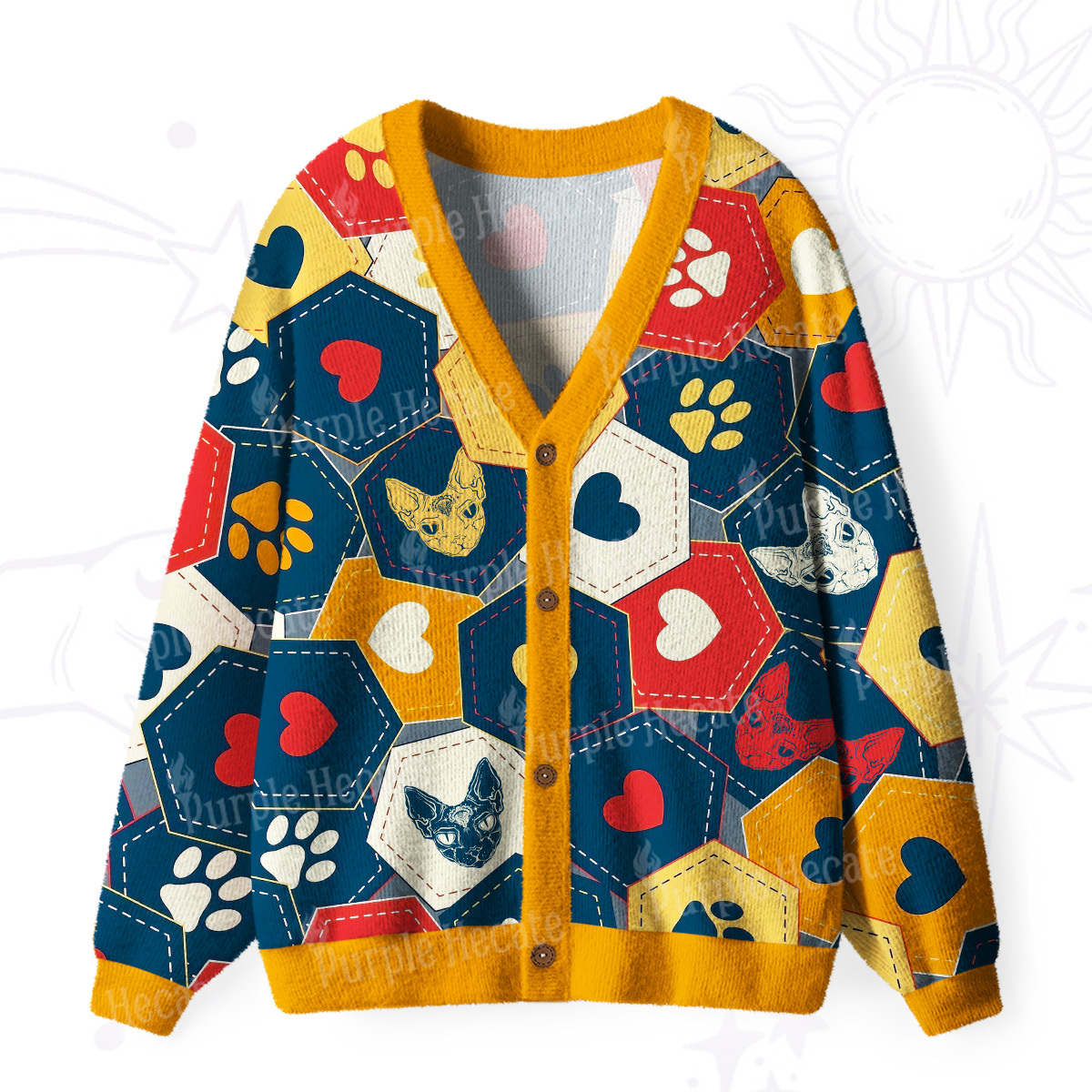 Purplehecate Whimsical Cat Paw Love Ugly Cardigan Sweaters
