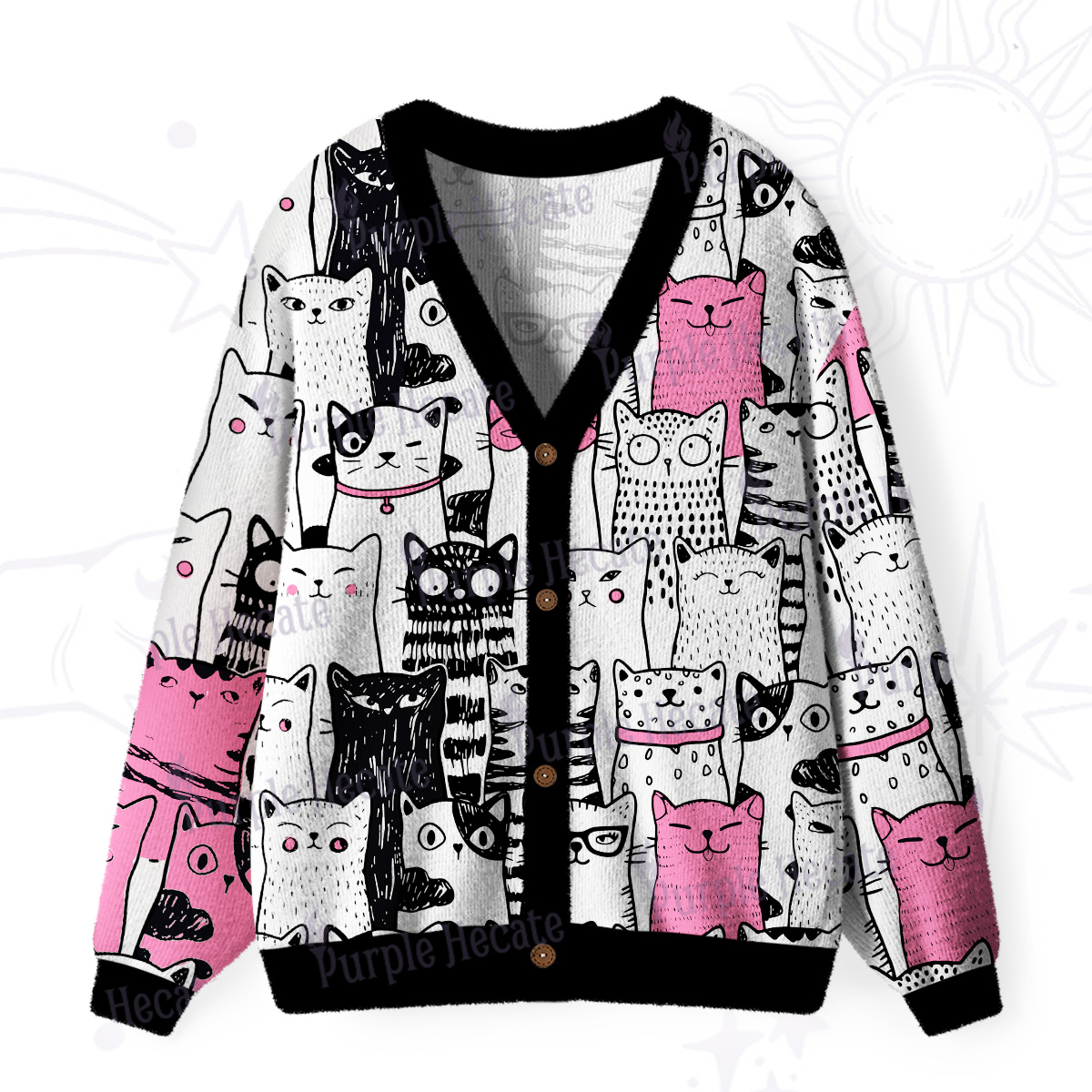 Purplehecate Cute Cat All Over Print Ugly Cardigan Sweaters