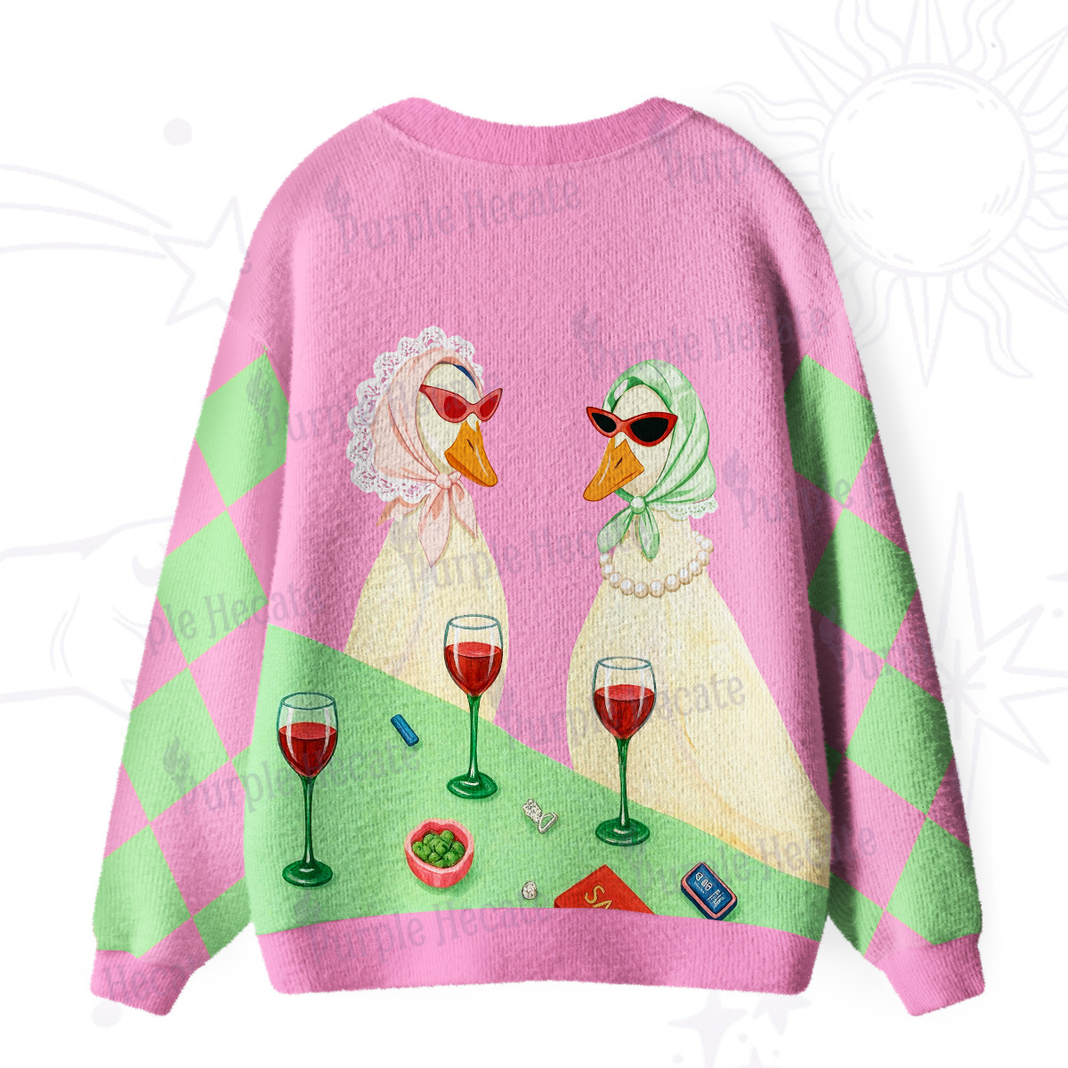 Purplehecate Tipsy Goose Wine Party Ugly Cardigan Sweaters