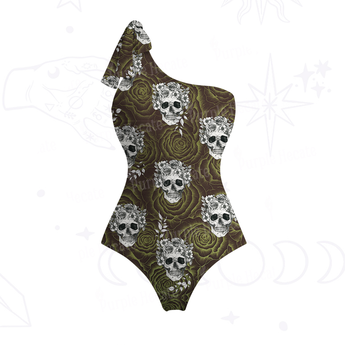 Purplehecate Rose Skull One-Shoulder One-Piece Swimsuit