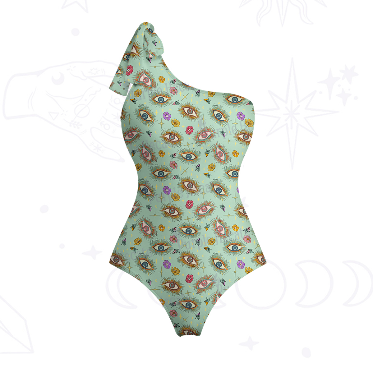 Purplehecate Evil Eye Pattern One-Shoulder One-Piece Swimsuit