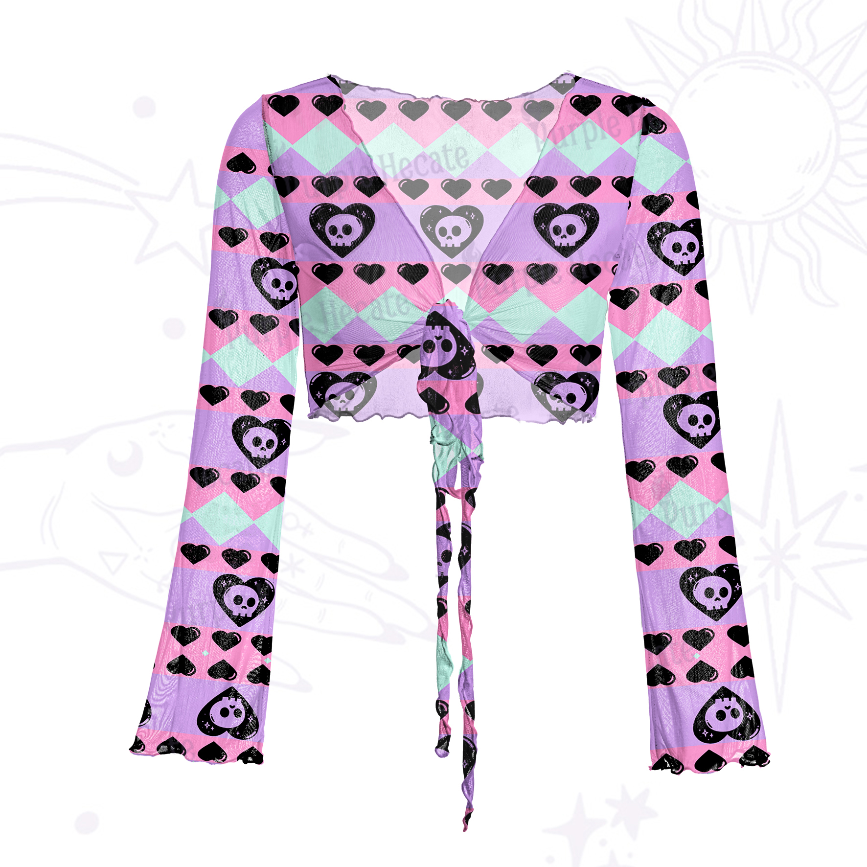 Purplehecate Sweet Yet Spooky Skull Heart Mesh Tie Front Top