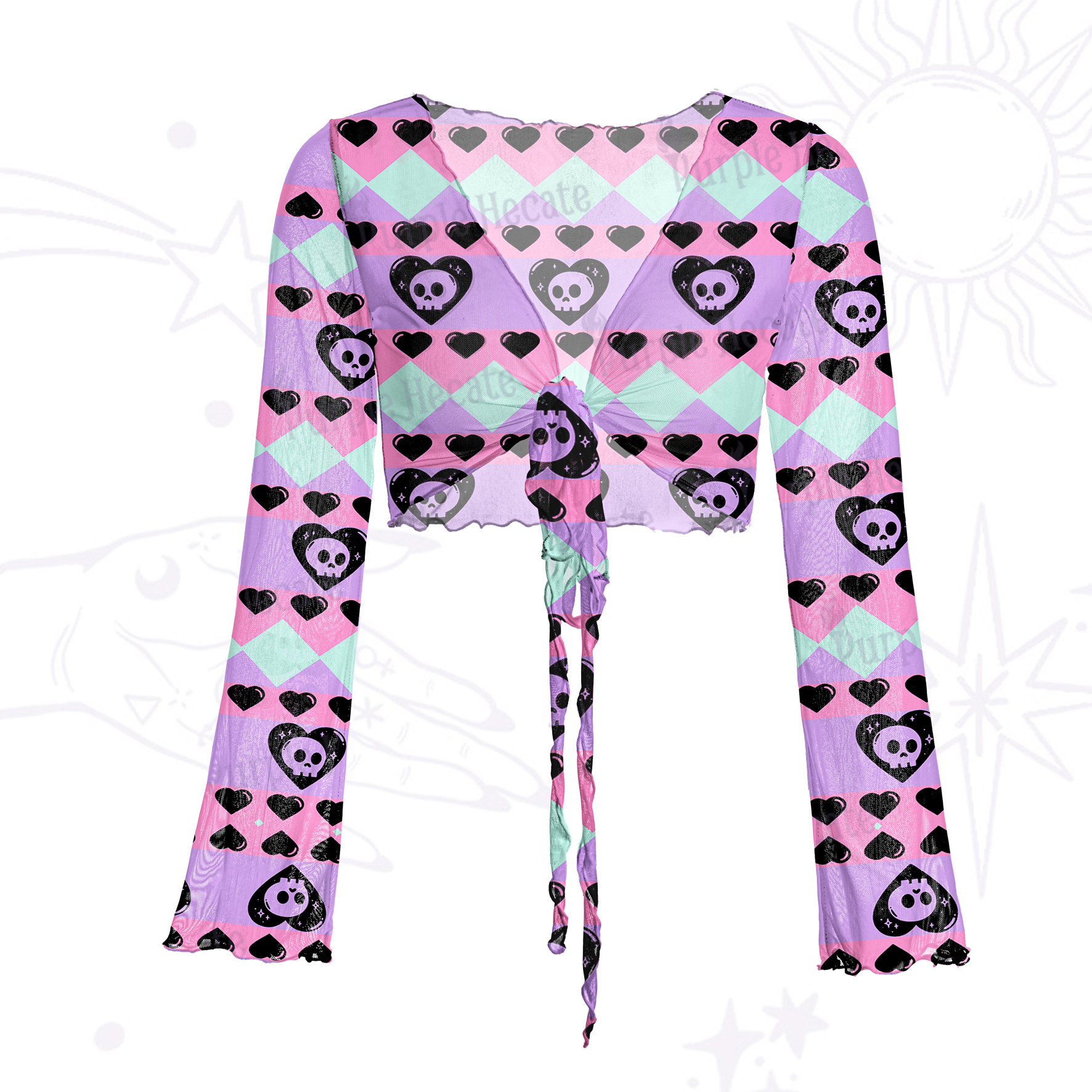 Purplehecate Sweet Yet Spooky Skull Heart Mesh Tie Front Top