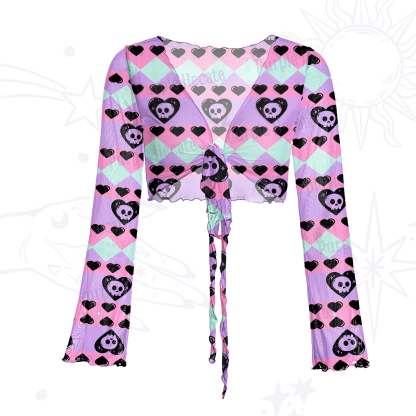 Purplehecate Sweet Yet Spooky Skull Heart Mesh Tie Front Top