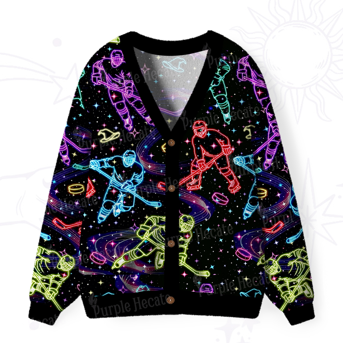 Purplehecate Neon Night Hockey Ugly Cardigan Sweaters