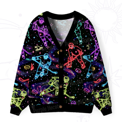 Purplehecate Neon Night Hockey Ugly Cardigan Sweaters