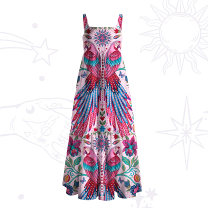 Purplehecate Tropical Parrot Garden Wide Straps Maxi Dress