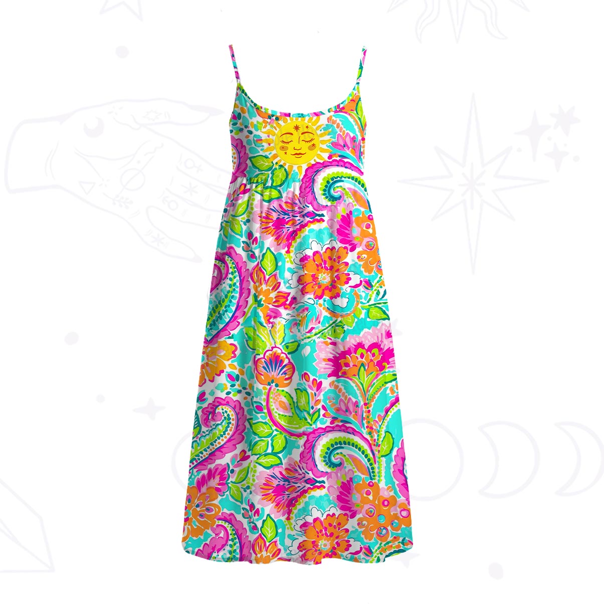 Purplehecate Sun Bloom Fiesta Spaghetti Strap Midi Dress