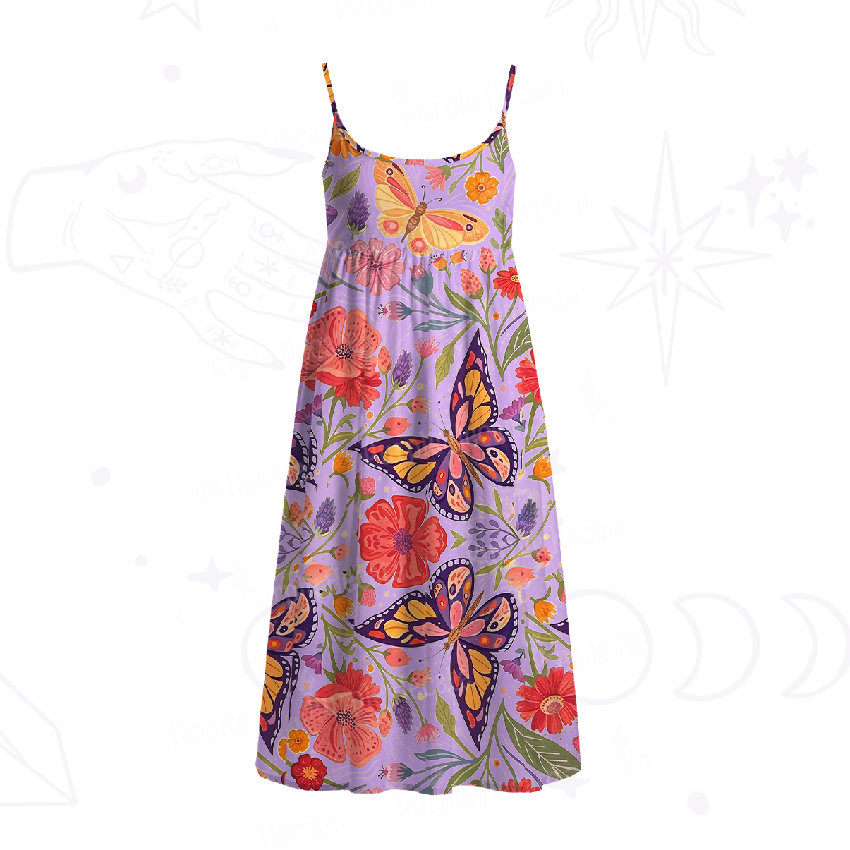 Purplehecate Enchanted Garden of Butterflies Spaghetti Strap Midi Dress