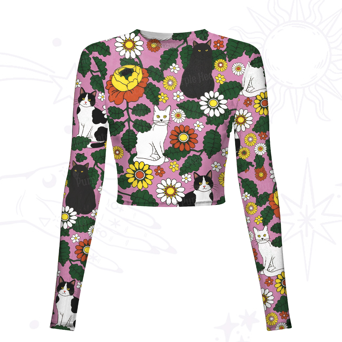 Purplehecate Daisy Cat  Garden Mesh Long Sleeve Crop Top