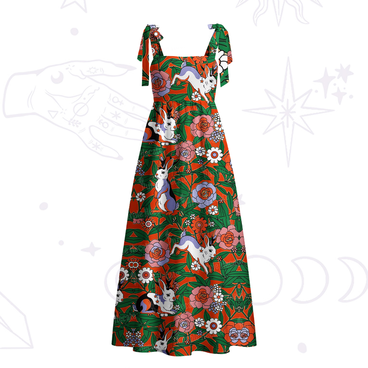 Purplehecate Mystic Blossom Bunny Garden Tie Shoulder Maxi Dress
