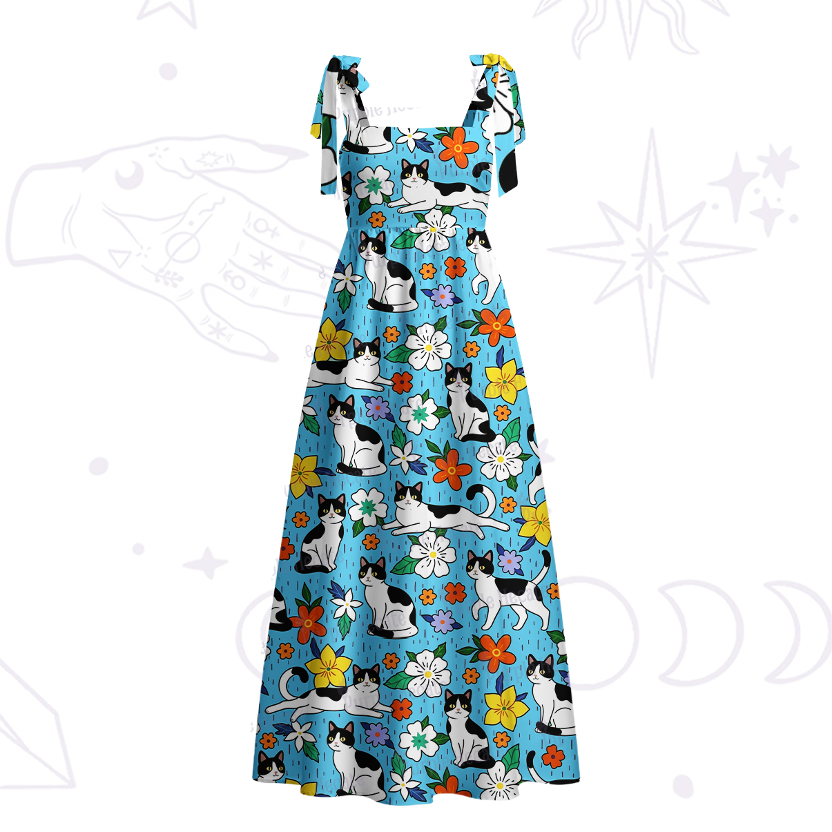 Purplehecate Enchanted Spring Whispering Cat Tie Shoulder Maxi Dress