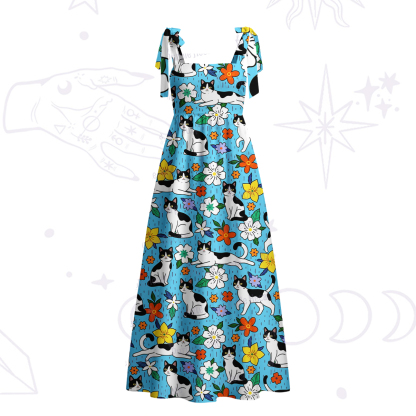 Purplehecate Enchanted Spring Whispering Cat Tie Shoulder Maxi Dress
