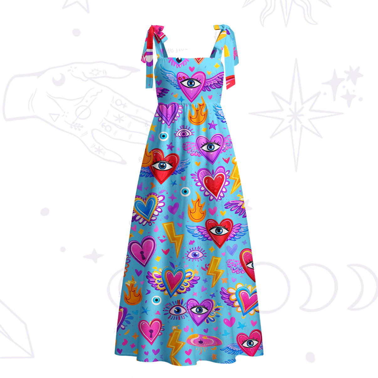 Purplehecate Mystic Heart Eye Wings Tie Shoulder Maxi Dress