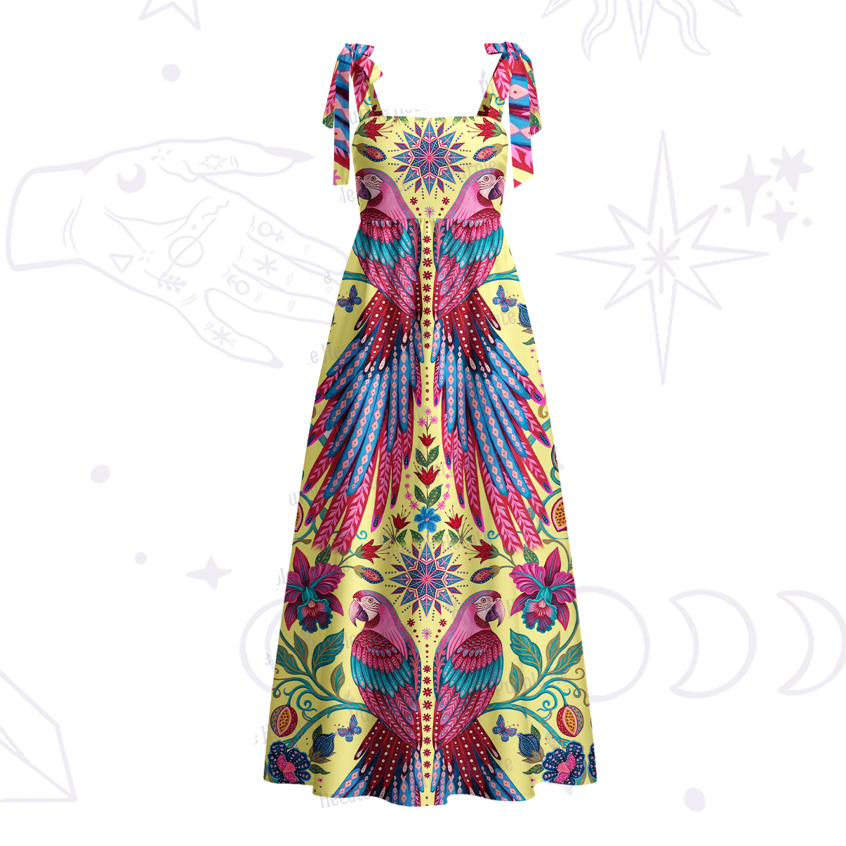 Purplehecate Tropical Parrot Garden Tie Shoulder Maxi Dress
