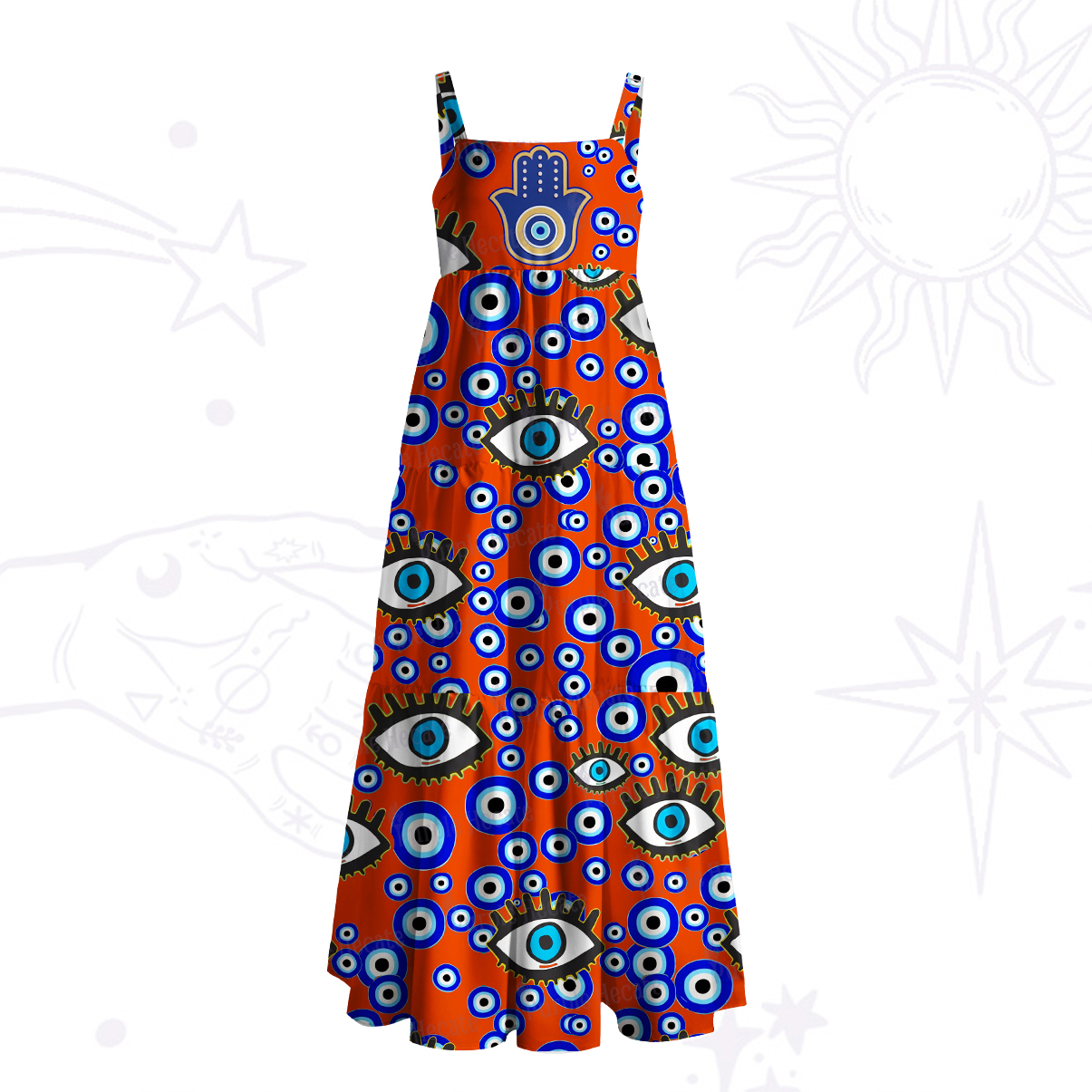 Purplehecate Mystic Hamsa Evil Eye Wide Straps Maxi Dress