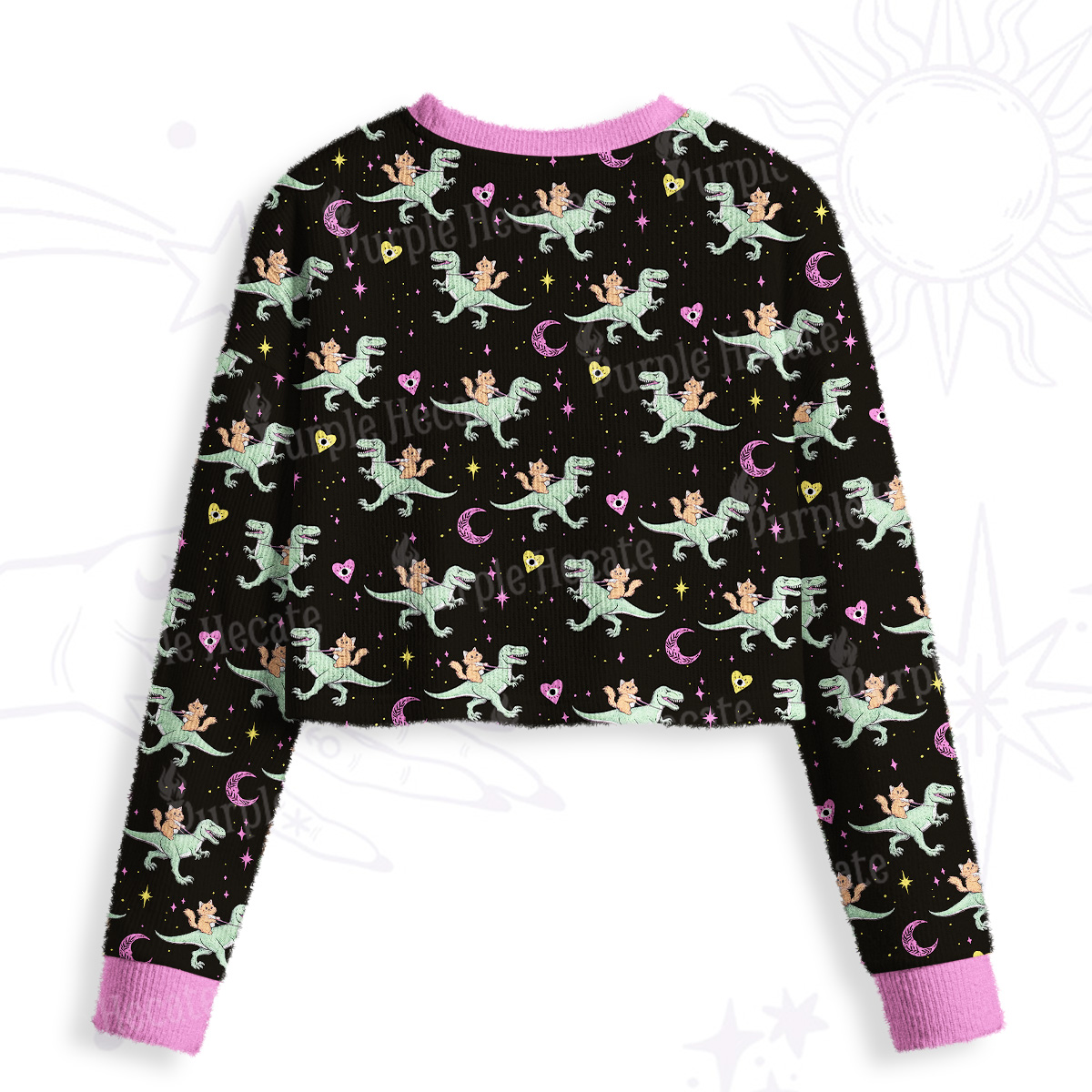 Purplehecate Witch Cat Rides the Dino Crop Fuzzy Ugly Sweatshirt
